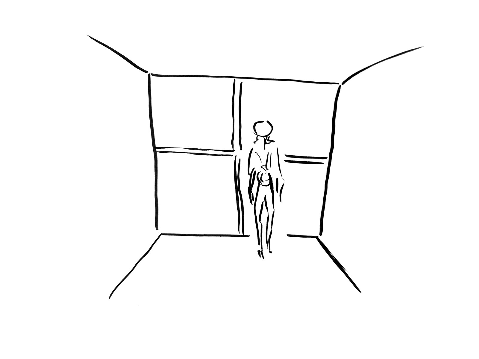 Hand sketch — figure before a gridded window wall