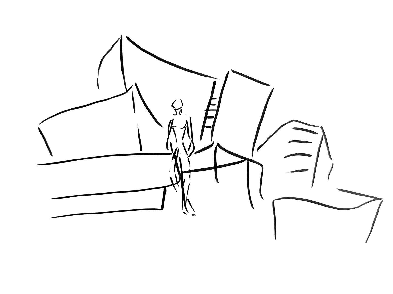 Hand sketch — figure among sweeping architectural volumes