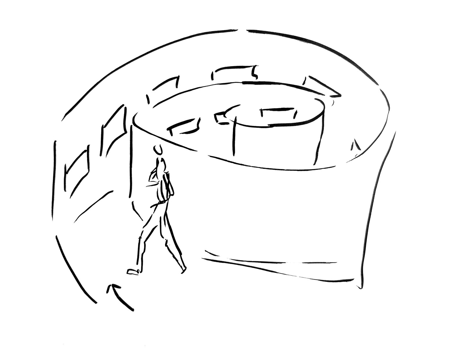Hand sketch — figure entering a spiral gallery